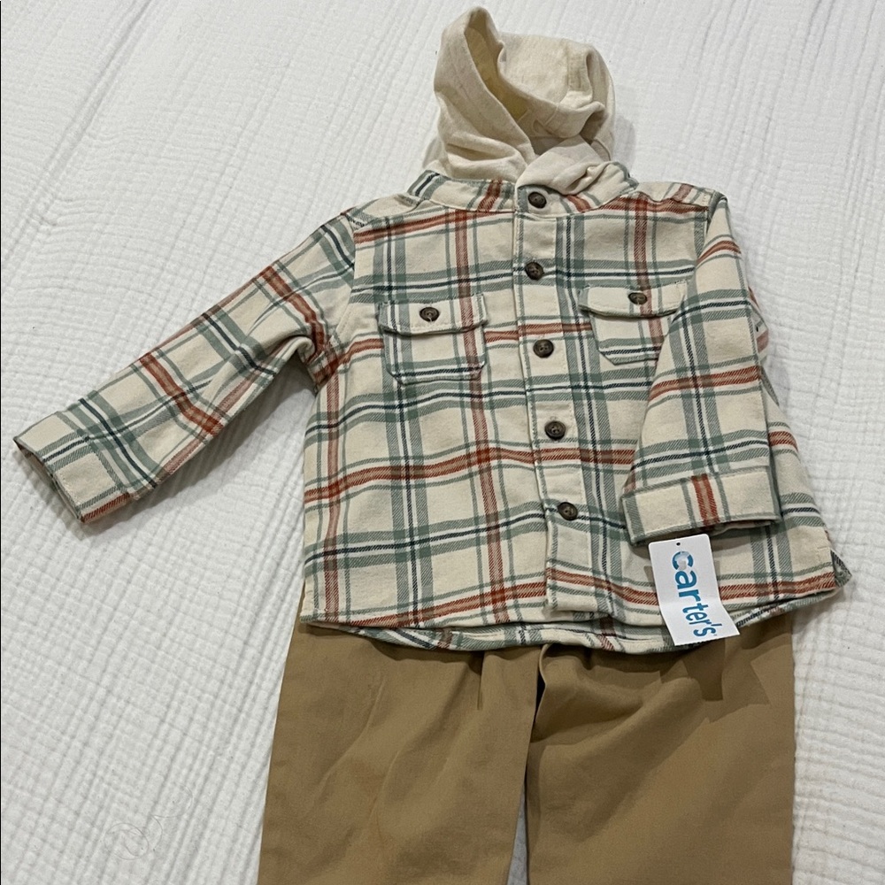Carter's Cream Plaid Shirt and Brown Pants Set